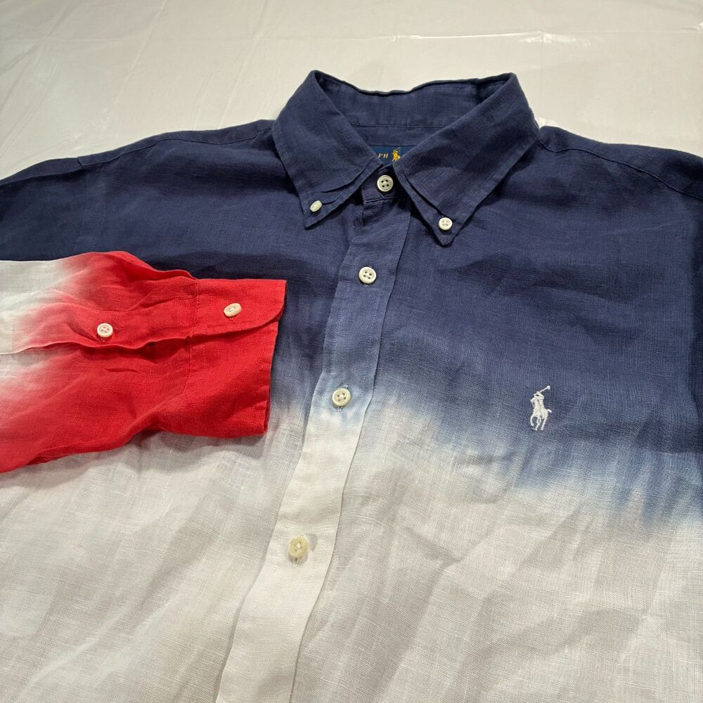 Polo Ralph Lauren Men’s L Linen Patriotic Dip Dye Classic Fit Button Down Shirt